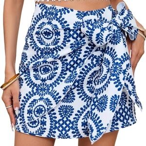 Blue & White Tie-Waist Mini Skirt- NEW, XS